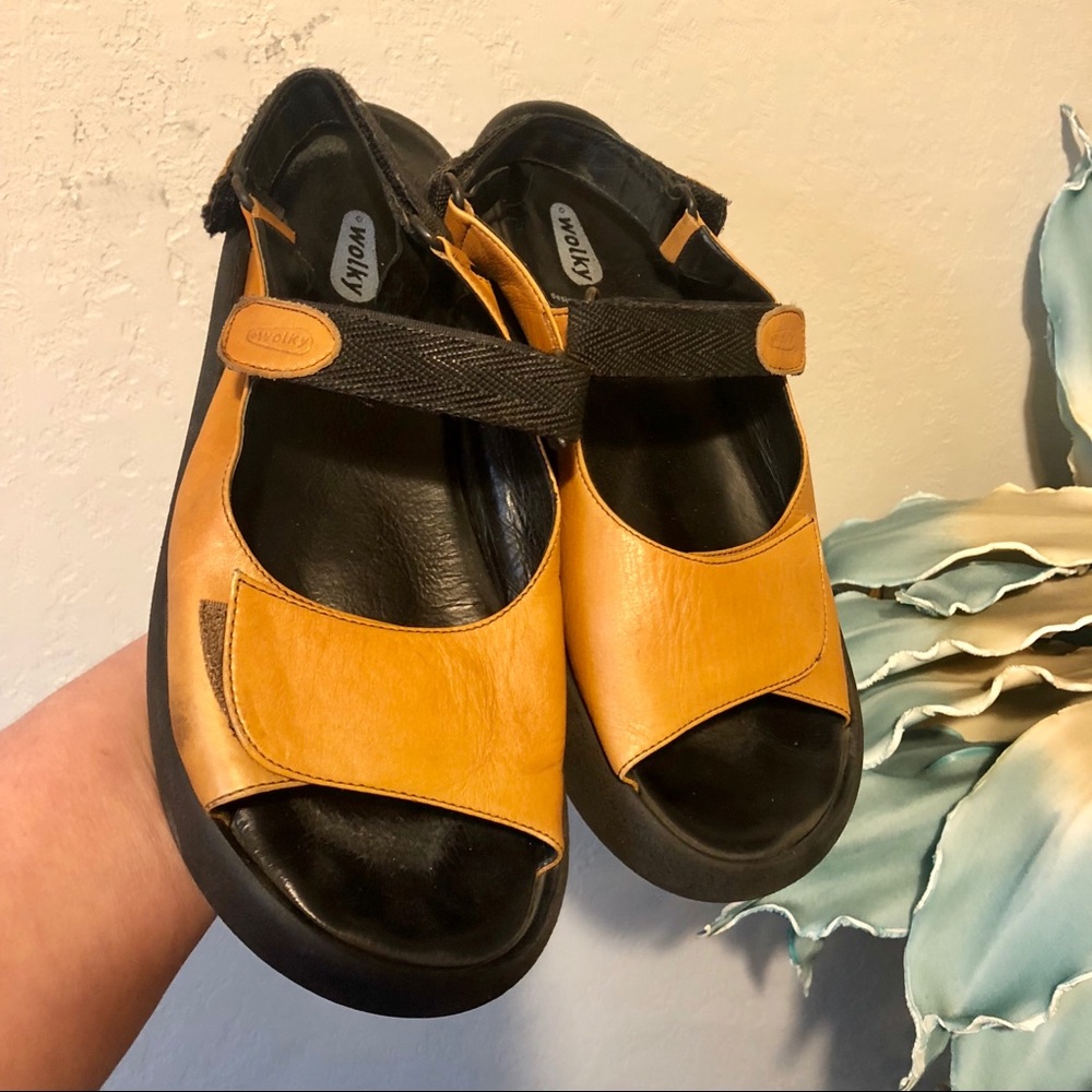 Wolky tan leather hook and loop sandals